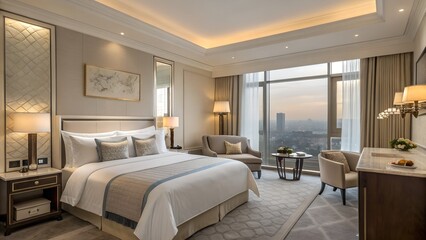 Fototapeta premium Elegant hotel suite with city view and luxurious king size bed isolated on transparent background