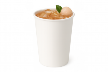 Chilled lychee tea in clear plastic cup, cold beverage resting on white surface, refreshing summer drink