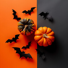 Two decorative pumpkins on contrasting orange and black background with flying bat cutouts