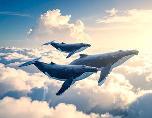 Three humpback whales soar through fluffy clouds in a vibrant sunset sky