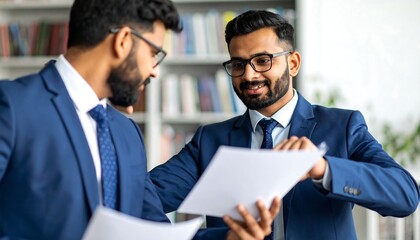 Two men in suits review documents together in an office
