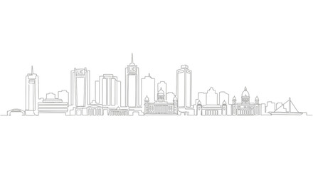 City Skyline Silhouette: A clean and minimalist black and white line drawing of a cityscape. The image captures the iconic shapes of skyscrapers and buildings, conveying urban life.
