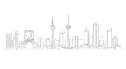 Tehran Cityscape Line Art: A minimalist line drawing captures the urban skyline of Tehran, showcasing the city's iconic landmarks in a sleek and modern style.