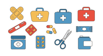 First Aid Kit Icons Medical Supplies Healthcare Illustration