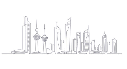 Obraz premium Kuwait City Architectural Line: A detailed line art depiction of the Kuwait city skyline showcases an elegant arrangement of skyscrapers and landmark structures.