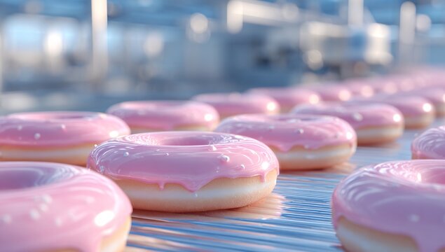 Three delicious donuts with pink frosting and sprinkles sit invitingly on a glossy surface - Powered by Adobe