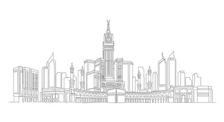 Obraz premium Mecca Skyline Architectural Wonders: a detailed line art captures the intricate details of the iconic buildings and skyscrapers against the backdrop of the sky, offering a serene perspective.