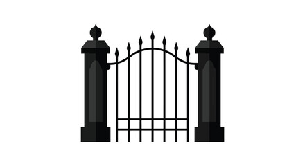 Ornate Black Metal Gate with Stone Pillars Illustration 