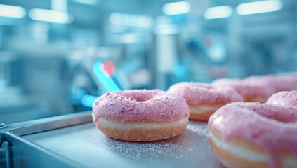 Three delicious donuts with pink frosting and sprinkles sit invitingly on a glossy surface