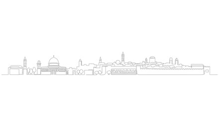 Obraz premium Ancient City Skyline: A meticulously drawn, one-line illustration showcases the iconic skyline of a historic city. A serene.