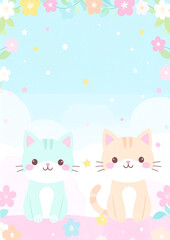 A4-sized paper templates with adorable cartoon cat designs. Each page features a different layout with soft pastel colors, cute illustrations of cats, and playful borders, perfect for children's