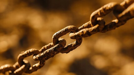 Macro photograph of a rusty metallic chain, showing age and the effects of corrosion with warm tones
