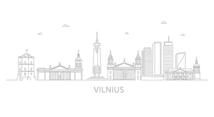 Naklejka premium Vilnius Skyline: A minimalistic line art illustration of the Vilnius skyline, showcasing iconic landmarks.