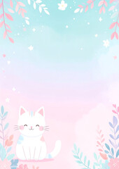 A4-sized paper templates with adorable cartoon cat designs. Each page features a different layout with soft pastel colors, cute illustrations of cats, and playful borders, perfect for children's