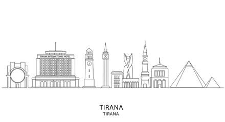 Fototapeta premium Tirana Skyline: A meticulously drawn skyline of Tirana's iconic landmarks, showcasing the city's unique blend of architectural styles in an elegant line art illustration.