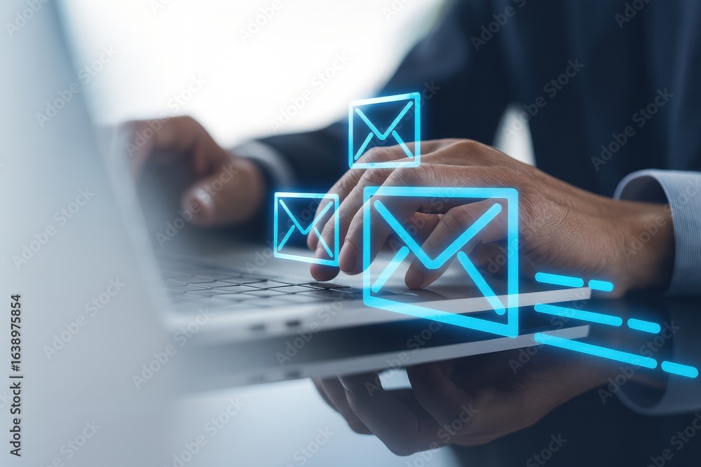 Poster email sending concept,hands typing on laptop keyboard with glowing digital envelope icons,fast onlin