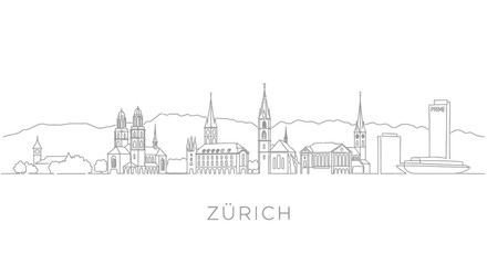 Fototapeta premium Zurich Skyline: A sleek, minimalist line drawing showcases the iconic cityscape of Zurich, featuring the distinct outlines of its famous buildings. 