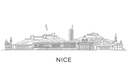 Nice Skyline: a detailed pen-and-ink illustration, a serene depiction of the city's famous skyline, rendering its architectural highlights with elegant linework and an understated aesthetic.