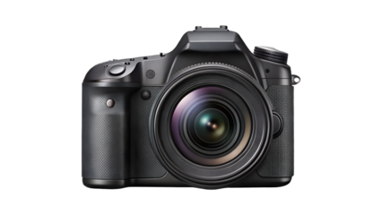 Modern black dslr camera isolated on transparent background, a professional digital photography equipment for capturing highquality images and videos