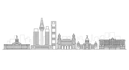 Fototapeta premium Cityscape Silhouette: The meticulous line-drawing presents a detailed silhouette of a dynamic cityscape. This image showcases iconic structures in a modern, clean aesthetic. 