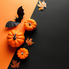 Vibrant Halloween-themed arrangement featuring pumpkins and autumn leaves on contrasting backgrounds