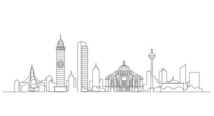 Obraz premium Cityscape Silhouette: A minimalist pen-and-ink drawing of a modern city's skyline, representing its architecture and urban design.