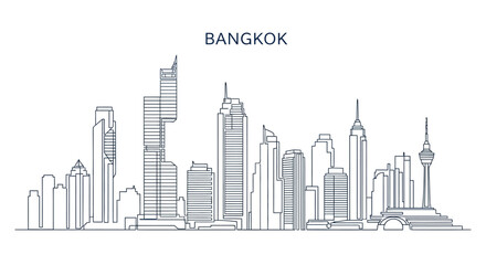 Bangkok City Skyline: A minimalistic monochrome depiction of Bangkok's iconic skyline, showcasing a unique line art style that highlights the city's architectural diversity and urban charm.