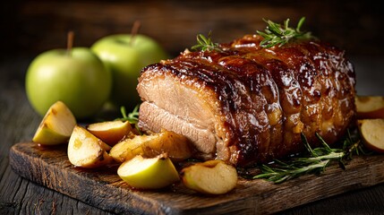 Glazed pork roast with apples on a cutting board, golden tones and dark wood backdrop