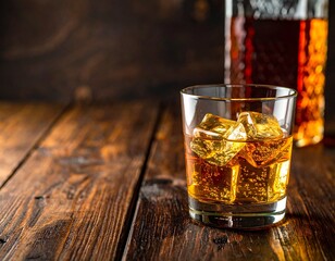 GenOriginal name(s): Firefly_Ultra-realistic close-up of a whisky glass filled with amber whisky and ice cubeserated image