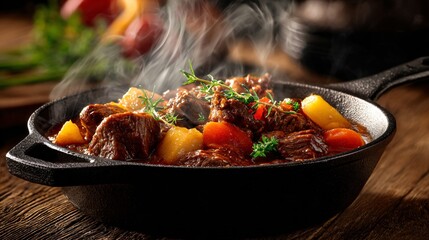 Hearty beef stew served in cast iron, steam rising, rustic wooden textures and warm neutral palette