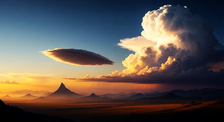 Majestic Sunset Over Vast Plains with Dramatic Clouds and Mountain Silhouettes