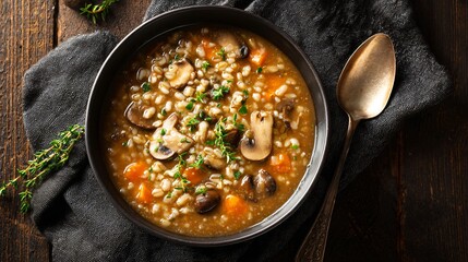 Mushroom and barley soup in a dark bowl, overhead angle with cozy kitchen textures