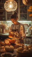 Woman skillfully carving a pumpkin in a cozy kitchen, surrounded by autumn decorations