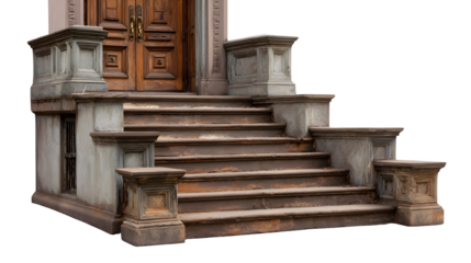 A set of weathered wooden steps leading up to a brownstone doorway, isolated on a Transparent background
