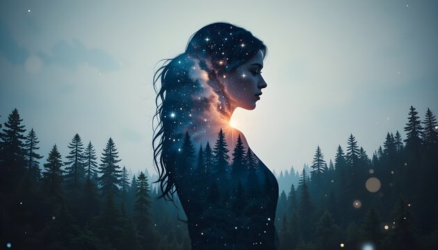 Double exposure silhouette of a woman blended with a starry galaxy and forest - Powered by Adobe