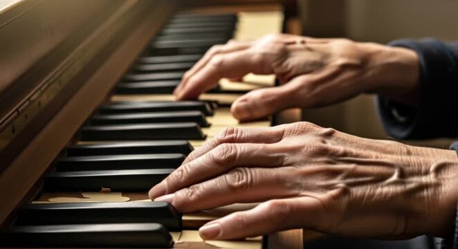 Close up shot of hands playing piano, creating music. The pianist's hands gracefully dance across the keys, expressing emotions and evoking sounds