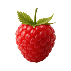 Single ripe red raspberry with green leaves isolated on black background