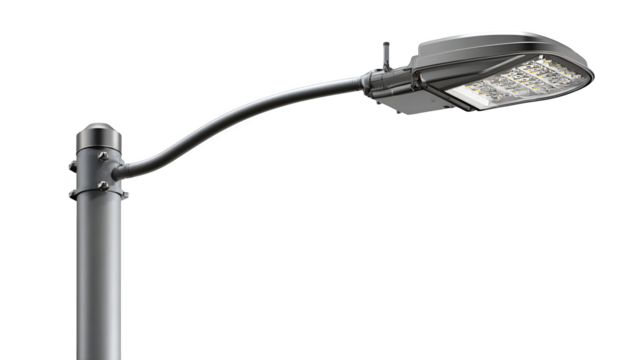 A single, urban street light (modern LED style) extending from a pole, unlit, isolated on a Transparent background