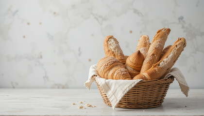 Delicious assortment of fresh baked pastries and crusty bread in a woven basket, perfect for breakfast