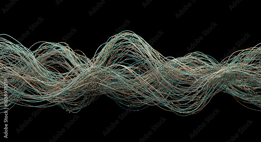 Poster a wavy abstract composition of intertwined wires, featuring an artistic and digital design element o