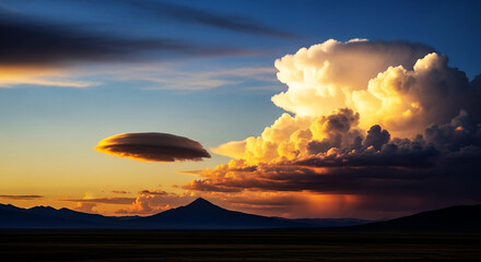 Majestic Sunset Over Vast Plains with Dramatic Clouds and Mountain Silhouettes