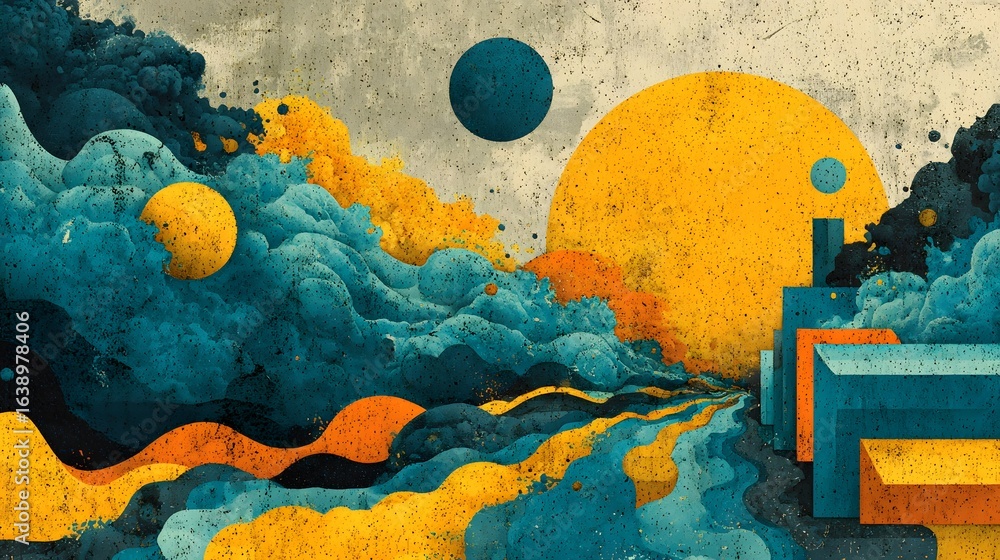 Poster an abstract futuristic composition featuring a dreamlike celestial landscape with floating geometric