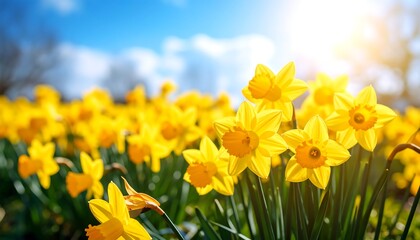 Obraz premium Vibrant yellow daffodils bloom brightly under a sunny sky