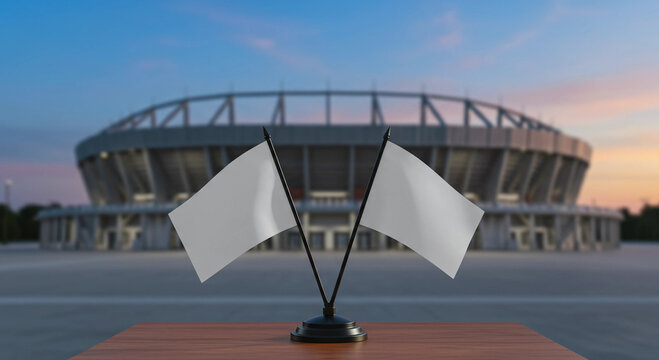 Two White Flags Mockup on Wooden Table Against Stadium Backdrop Sunset View