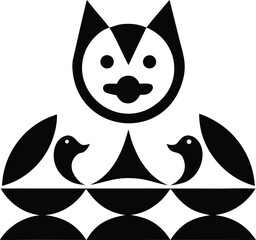 Fototapeta premium Modern and Abstract Vector Illustration with Stylized Cat and Birds in a Minimalist, Black and White Geometric Design.