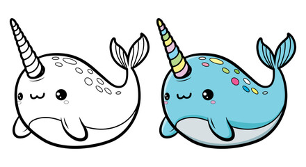 Cute narwhal cartoon coloring for kids