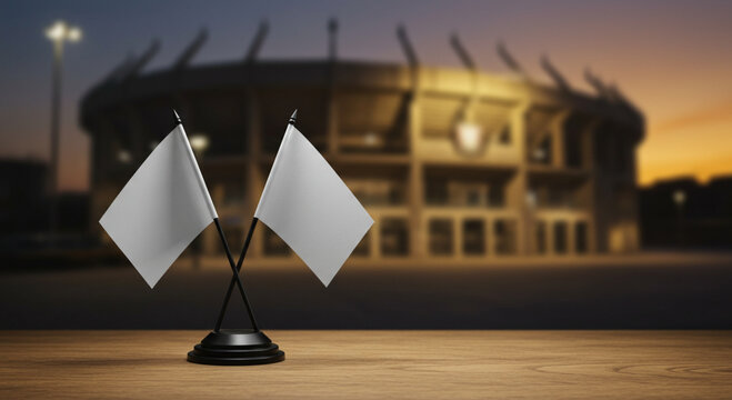 Blank white flags on stand with blurred stadium background a sports concept mockup