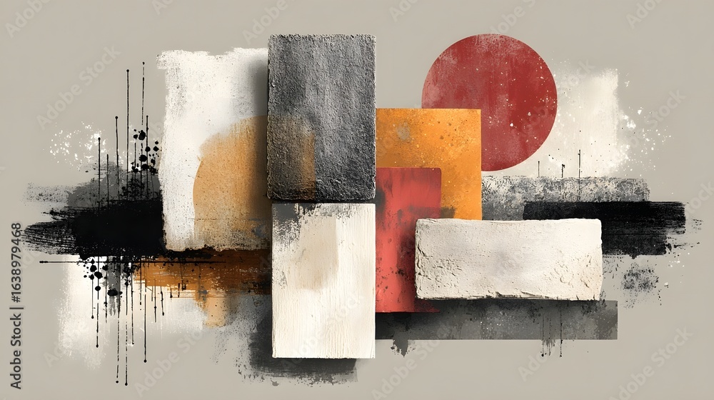 Poster an abstract visual composition featuring a harmonious arrangement of geometric shapes textures and a