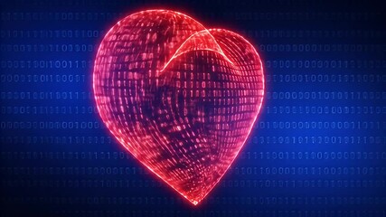 Animated Digital Heart Structure Illuminated With Glowing Red Lines Against Blue Binary Code Background - Powered by Adobe
