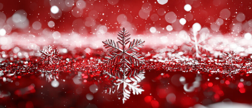 Silver snowflake on red glitter, bokeh background Winter wonderland